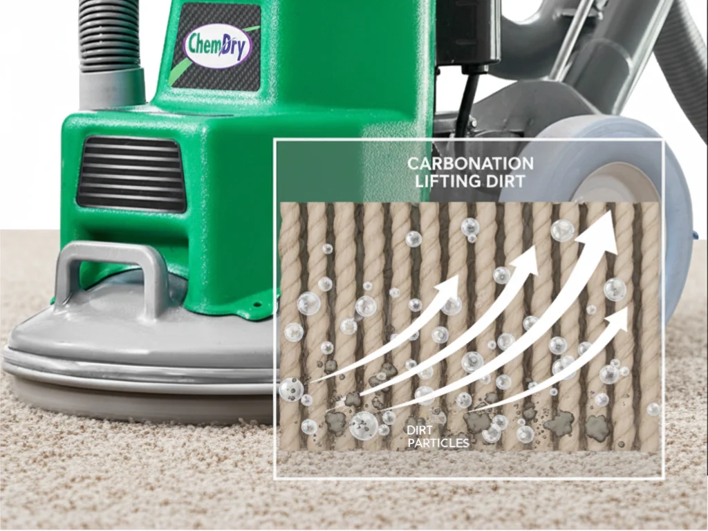 Diagram showing carbonation bubbles lifting dirt particles from carpet fibers